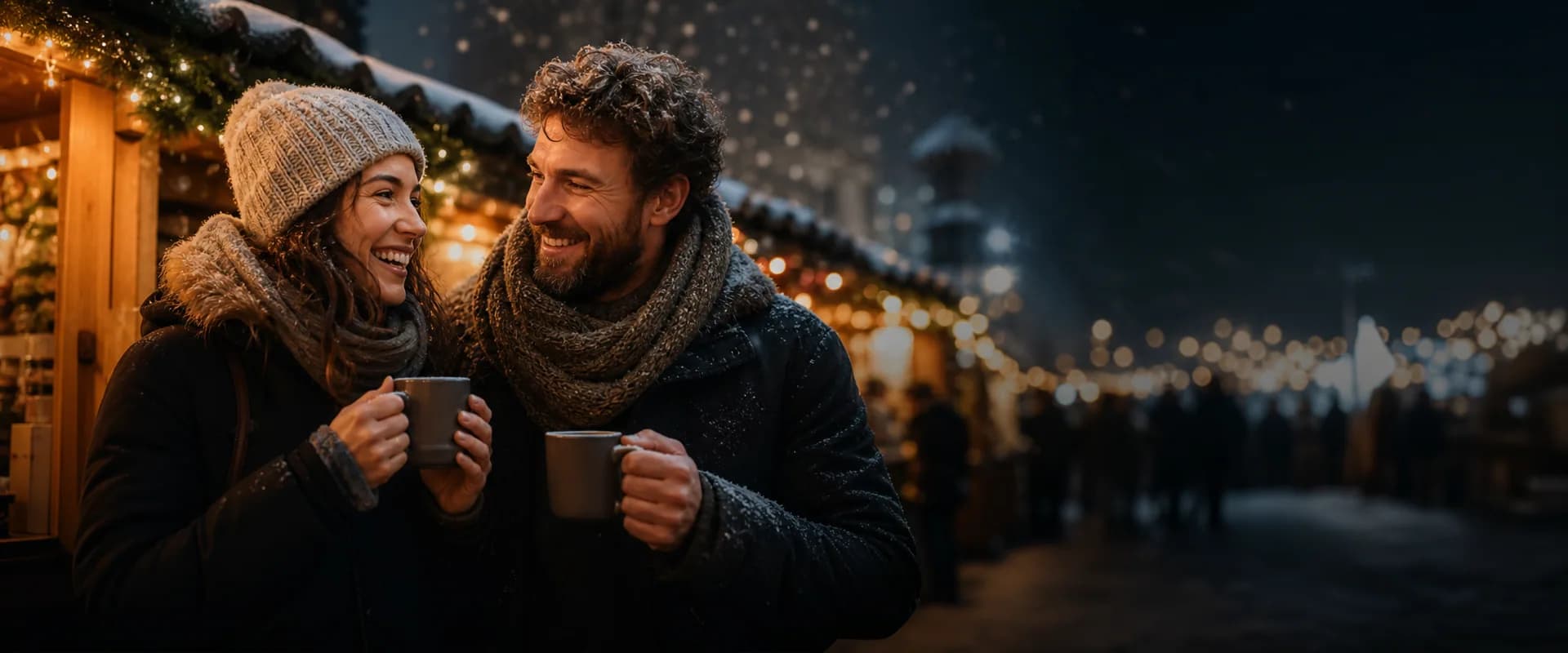 Ein Paar genießt gemeinsam einen verschneiten Weihnachtsmarkt