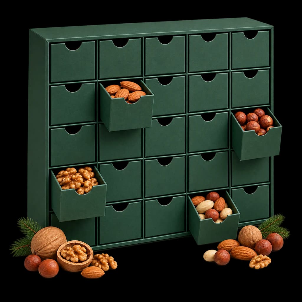 Redaktionelle KI-Illustration: Adventskalender 2026 - EARLY BIRD - Weihnachtskalender mit Nüssen