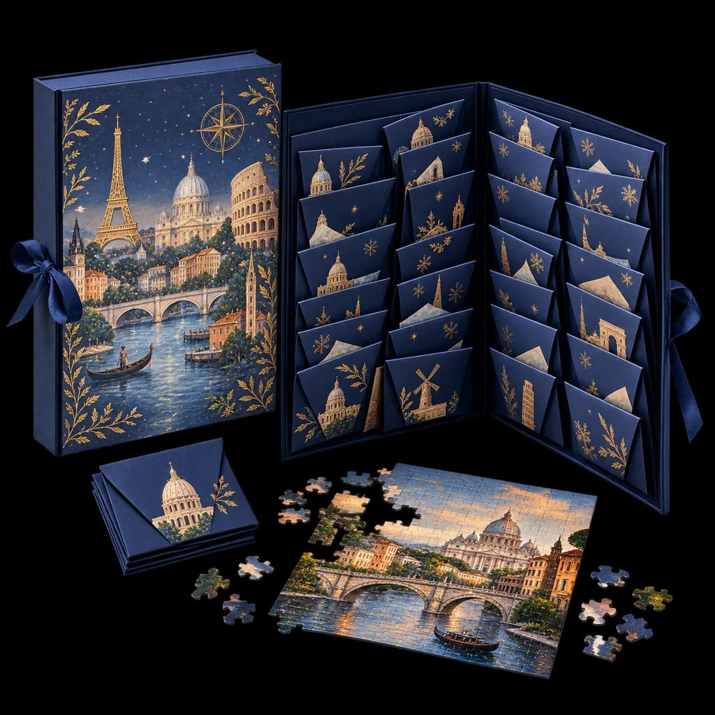 Redaktionelle KI-Illustration: Puzzle Adventskalender 1008 Teile 24 Europäische Wahrzeichen für Erwachsene