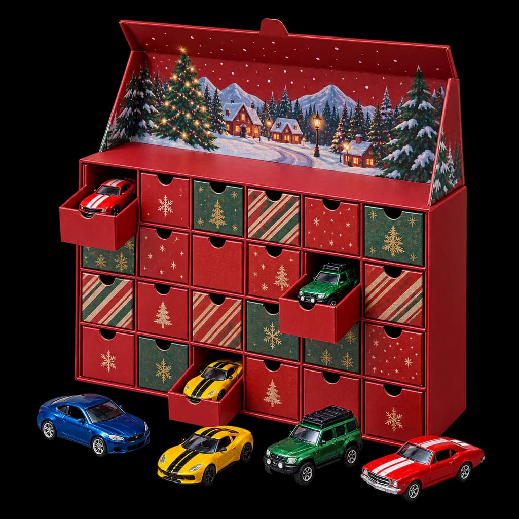 Redaktionelle KI-Illustration: Quanquer Leichtmetallautos Adventskalender 2026 für Kinder Jungen