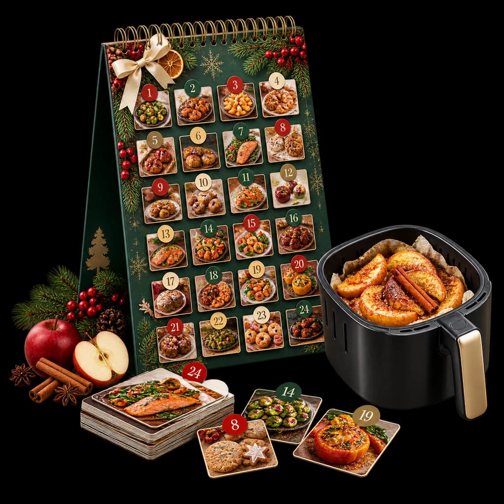 Redaktionelle KI-Illustration: Airfryer Adventskalender: 24 festliche Rezepte für die Heißluftfritteuse – von Bratapfel bis...