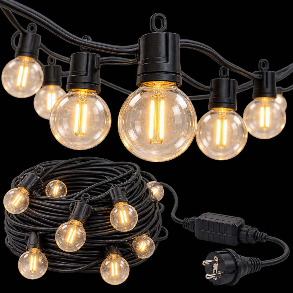 Redaktionelle KI-Illustration: LED Lichterkette Außen - 30M Outdoor Lichterkette Strom LED Glühbirnen Wetterfest IP44 Wasse...