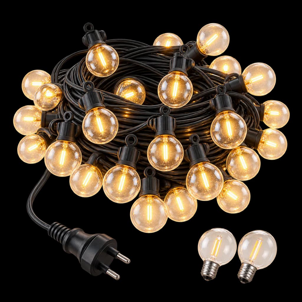 Redaktionelle KI-Illustration: LED Lichterkette Außen, GPATIO 30M Lichterkette außen strom mit 50+2 Stk. Warmweiße G40 Glüh...