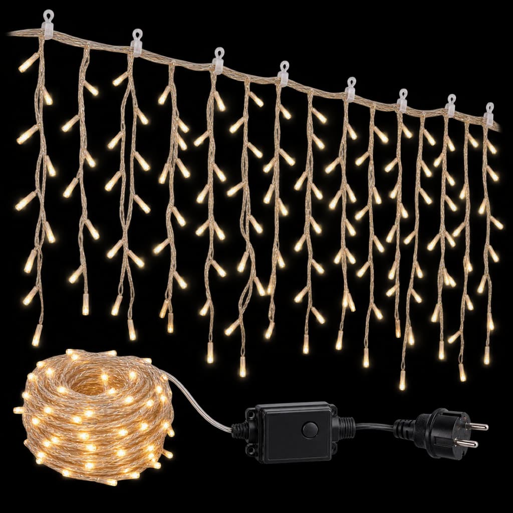 Redaktionelle KI-Illustration: WOWDSGN LED Eisregen Lichterkette Außen, 4M 120LED Lichterkette Außen Weihnachten mit Timer,...
