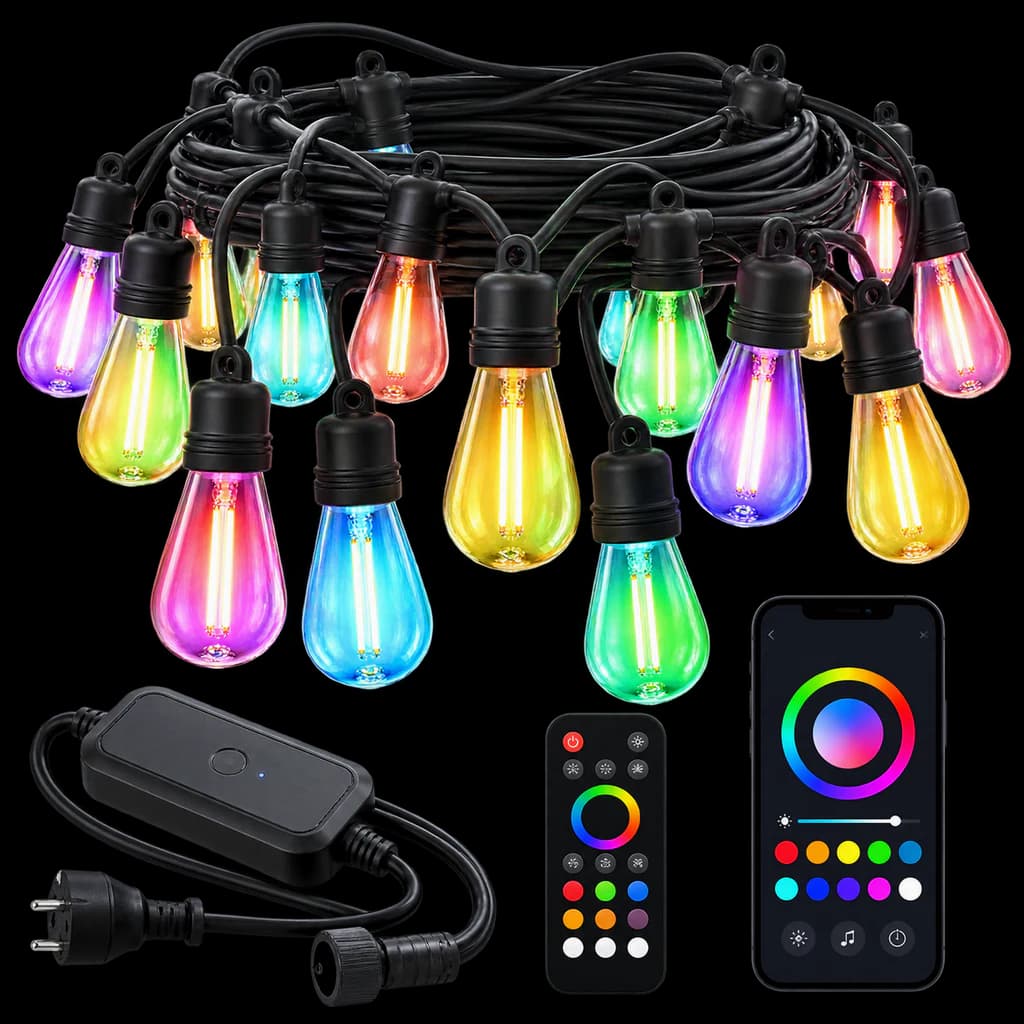 Redaktionelle KI-Illustration: LED Lichterkette Außen ST48 15 m mit 20 LED-Lampen, LotusLamp X App & Fernbedienung, RGB Far...