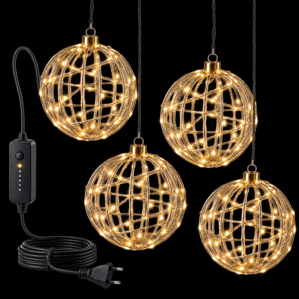 Redaktionelle KI-Illustration: AGOTD Weihnachtsbeleuchtung Außen Strom, 4 Stück 30cm Hängende Kugel Lichter mit Timer 8 Mod...