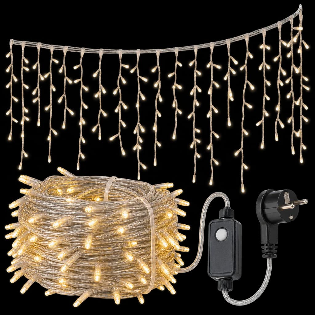Redaktionelle KI-Illustration: WOWDSGN LED Eisregen Lichterkette Außen, 15M 660LED Eiszapfen mit Timer 8 Modi IP44 wasserdi...