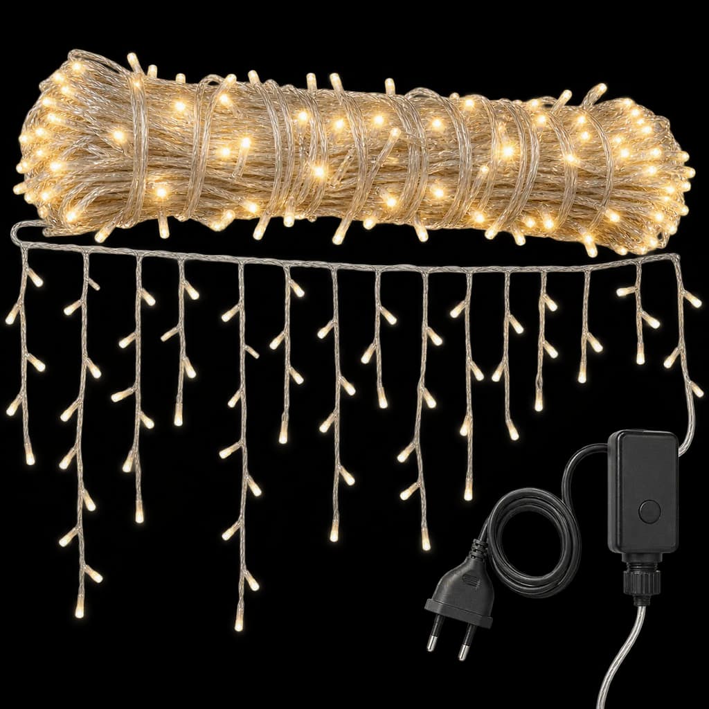 Redaktionelle KI-Illustration: WOWDSGN LED Eisregen Lichterkette Außen, 20M 605LED Lichterkette Außen Weihnachten mit Timer...