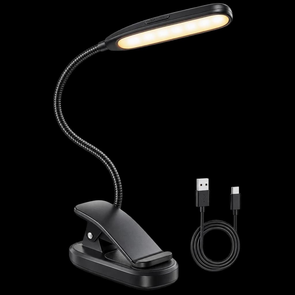 Redaktionelle KI-Illustration: Gritin Leselampe Buch Klemme, USB Aufladbare Buchlampe mit 19 LEDs | 3 Farbtemperatur Modi,...