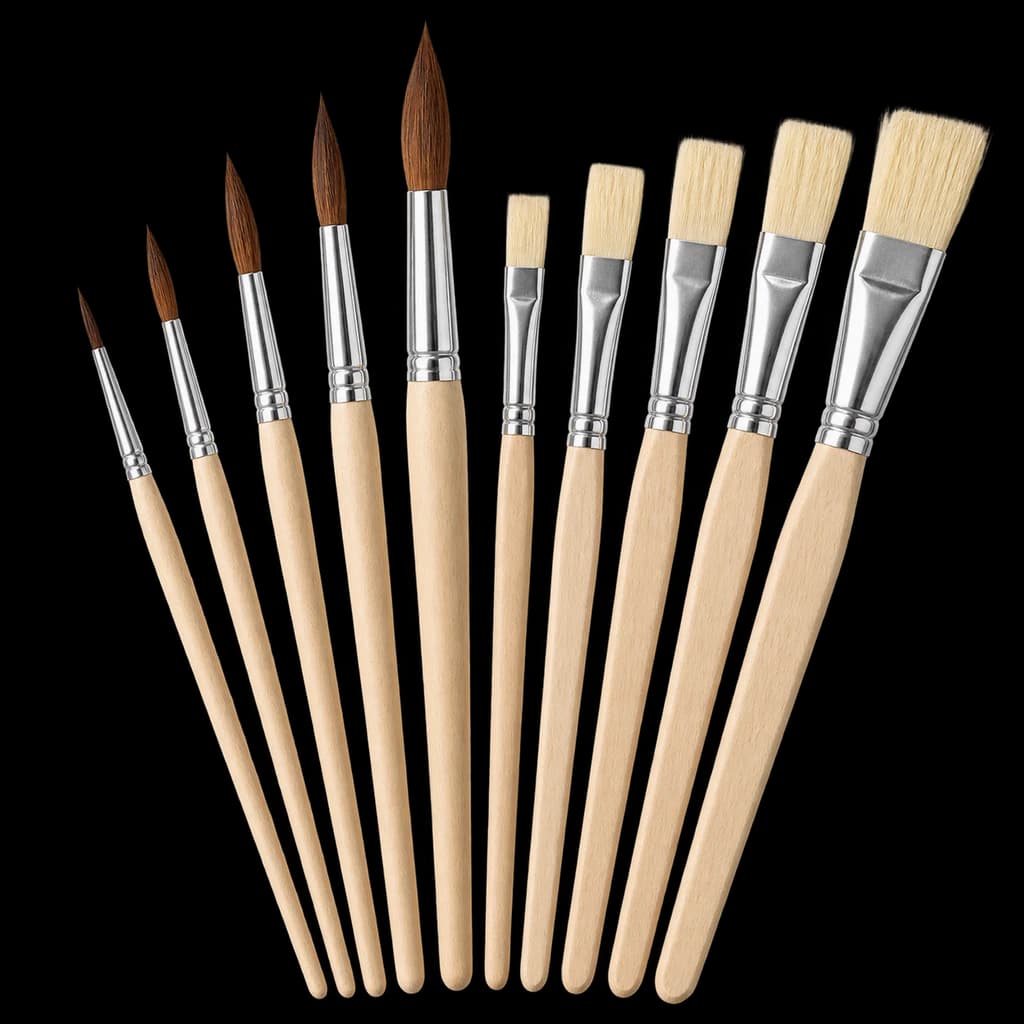 Redaktionelle KI-Illustration: Pelikan Pinsel Starter-Set mit 5 Haar- und 5 Borstenpinseln, für die Schule, 10 Stück | 5 Ha...