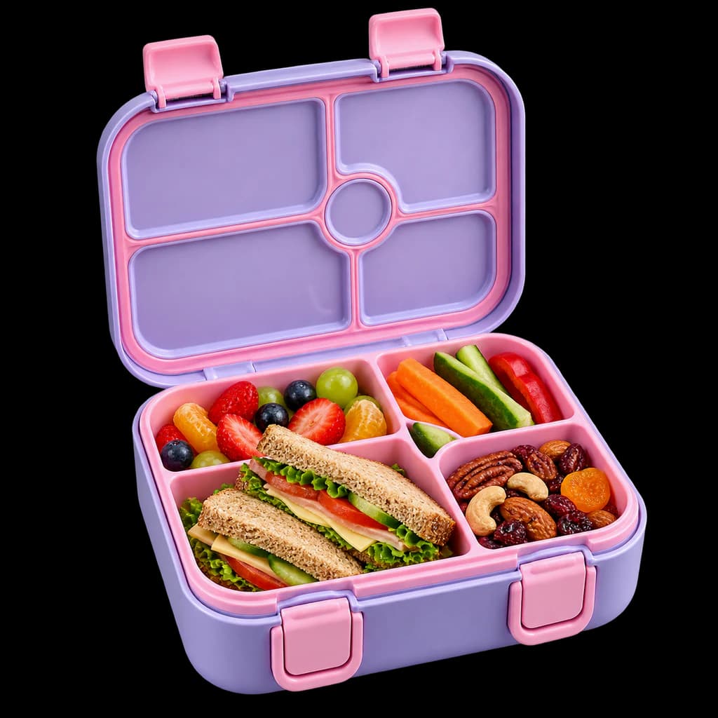 Redaktionelle KI-Illustration: IJIAMY Brotdose Kinder mit Fächern, Bento Box Kinder, Auslaufsicher Lunchbox Kinder, Brotbox...