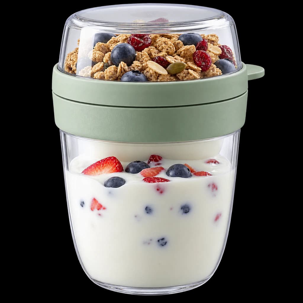 Redaktionelle KI-Illustration: Mepal Müslibecher to go, praktischer Joghurtbecher to go - Unterteilung für Joghurt & Müsli...