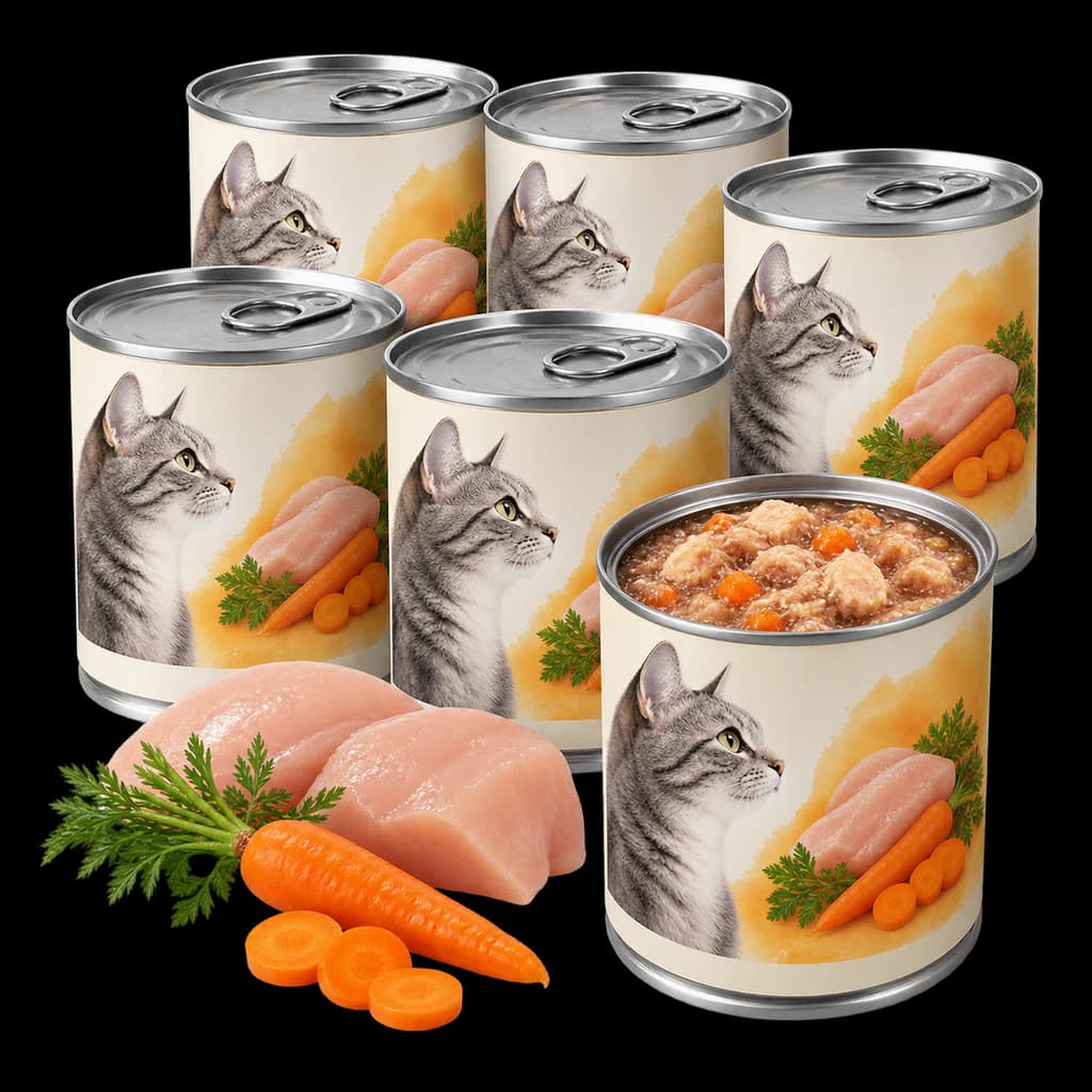 Redaktionelle KI-Illustration: MjAMjAM - Premium Nassfutter für Katzen - saftiges Huhn an leckeren Möhrchen, 6er Pack (6 x...