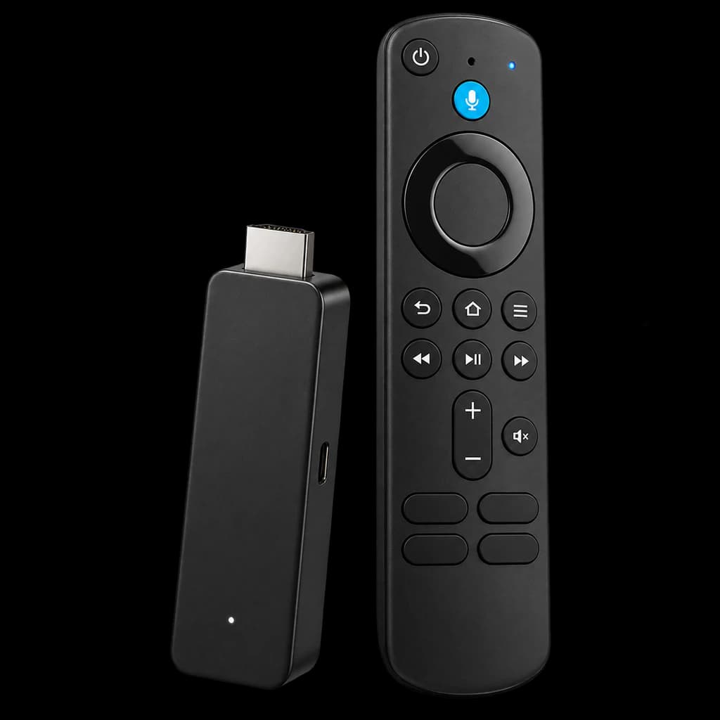 Redaktionelle KI-Illustration: Amazon Fire TV Stick HD (neueste Generation), Free- und Live-TV-Inhalte, Alexa-Sprachfernbed...