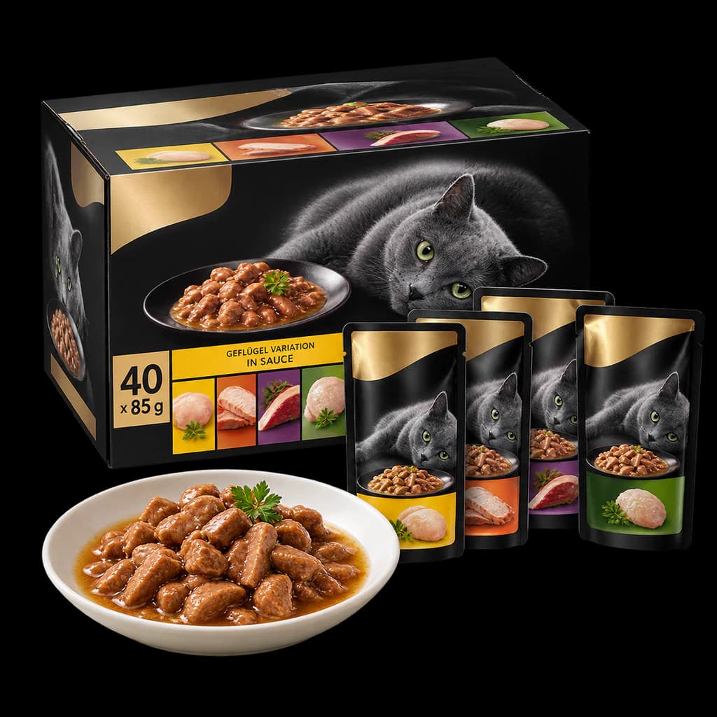 Redaktionelle KI-Illustration: SHEBA Adult Katzenfutter nass - 40x85g Portionsbeutel - Geflügel Variation in Sauce - Nassfu...